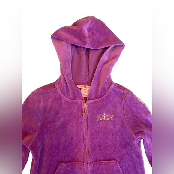 Juicy Couture Girl Velour Zip Up Jacket Size 3T Purple Hooded Bling Heart Stripe - Picture 2 of 6